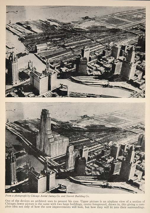 1928 Print Aerial View Chicago River Skyscraper UNUSUAL ORIGINAL HISTORIC SKY