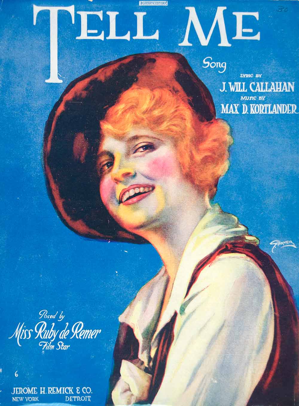1919 Sheet Music Tell Me William Austin Starmer Art Ruby De Remer Pose Film SM3