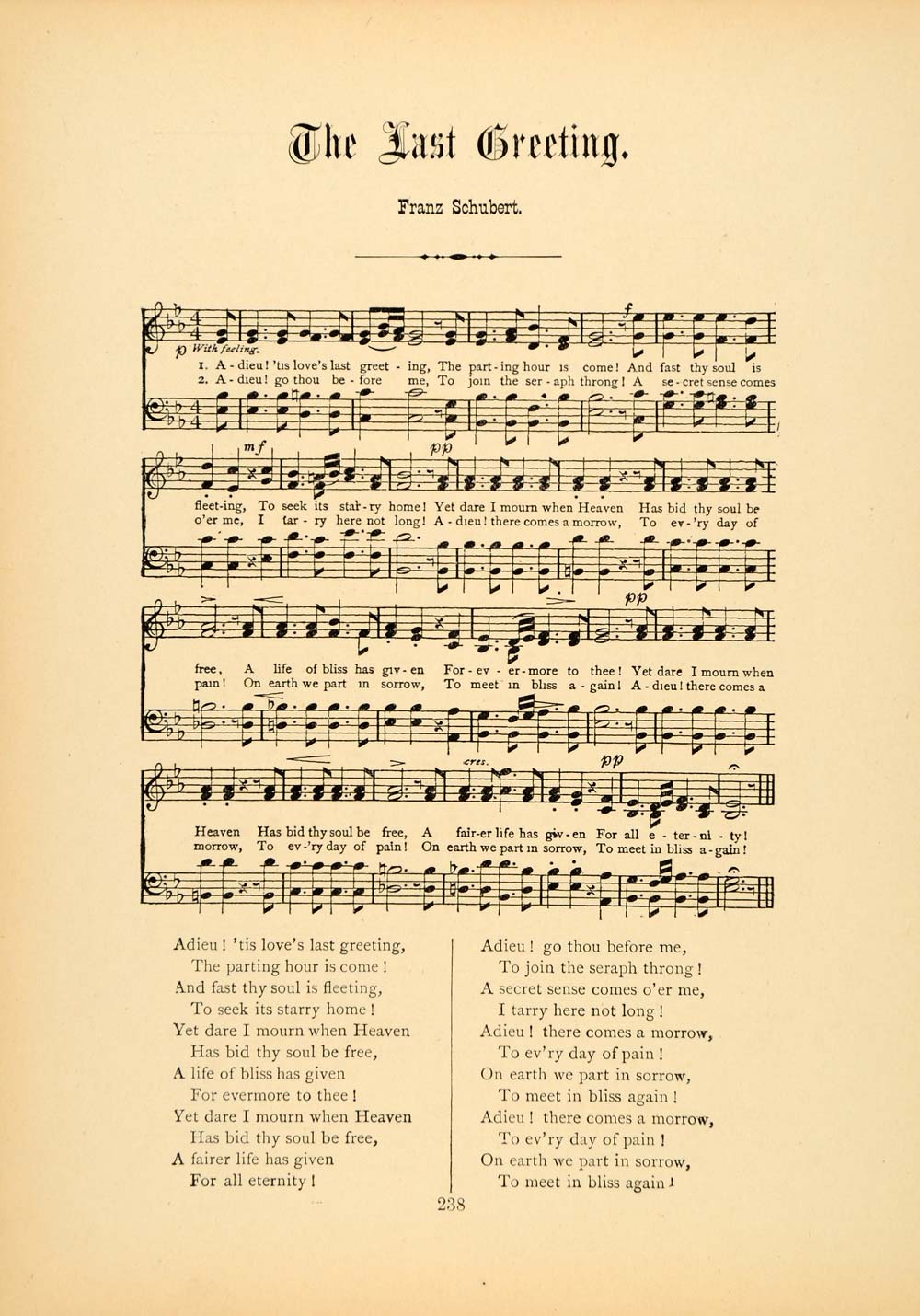 1894 The Last Greeting Franz Schubert Song Sheet Music ORIGINAL HISTORIC SND1
