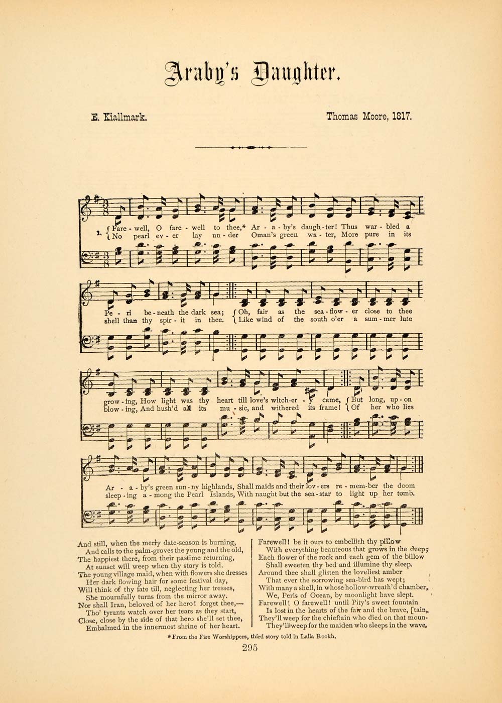 1894 Araby's Daughter Song Irish Sheet Music T. Moore - ORIGINAL HISTORIC SND1