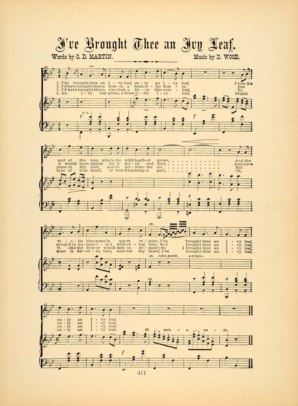 1894 I've Brought Thee an Ivy Leaf Song Sheet Music - ORIGINAL HISTORIC SND1