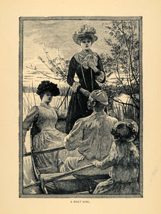 1894 Print Rowboat Rowing Singing Song Women Man Child ORIGINAL HISTORIC SND1