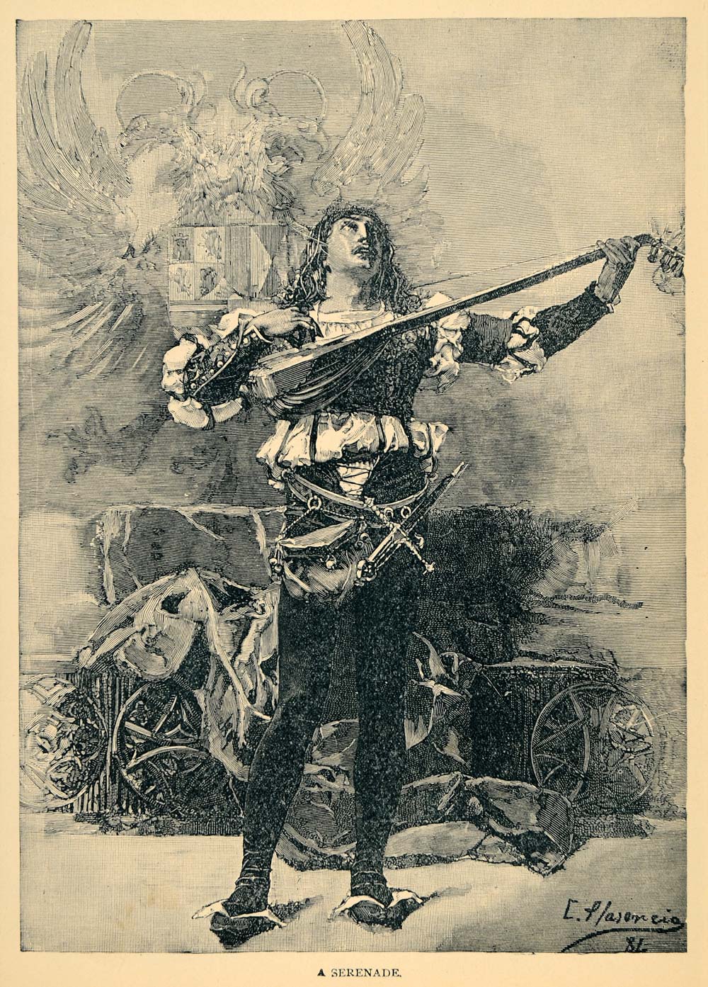 1894 Print Serenade Singer Musician Lute Medieval Music - ORIGINAL SND1