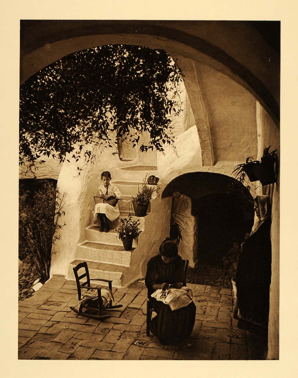 1925 Andujar Spain Woman Sewing Courtyard Hielscher - ORIGINAL PHOTOGRAVURE SP3
