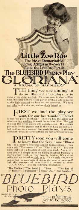 1916 Ad Bluebird Photoplay Gloriana Zoe Rae Silent FIlm - ORIGINAL SP4