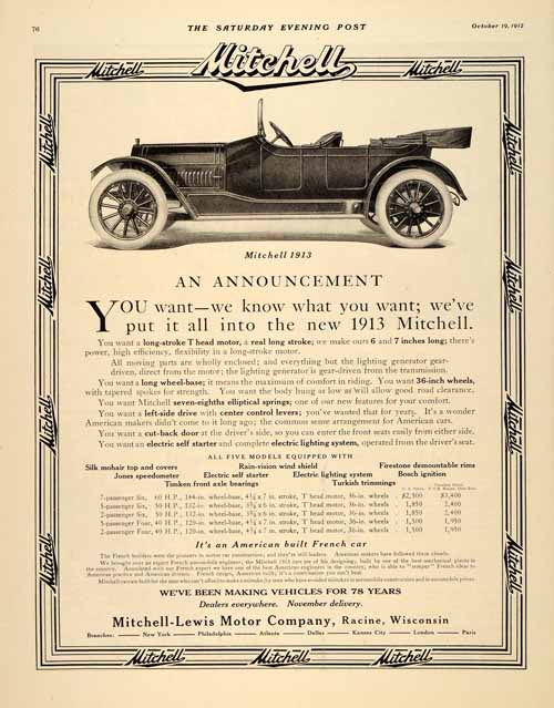 1912 Ad Mitchell Lewis Motor Racine 1913 Automobile - ORIGINAL ADVERTISING SP4