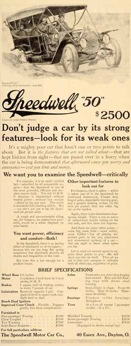 1910 Ad Speedwell 50 Car Antique Vintage Automobile - ORIGINAL ADVERTISING SP4