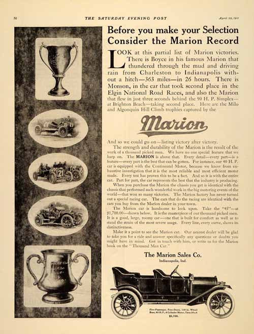 1911 Ad Marion Automobile Vintage Antique Boyce Racing - ORIGINAL SP4