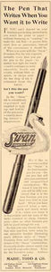 1907 Ad Writing Antique Swan Fountain Pen Mabie Todd - ORIGINAL ADVERTISING SP4