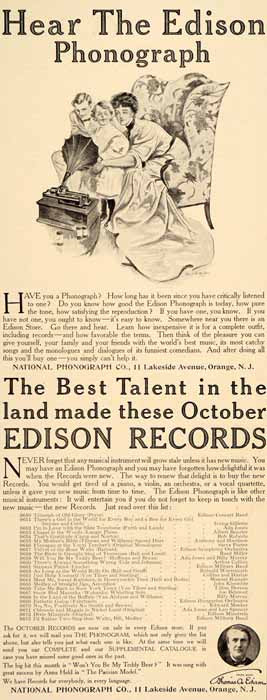 1907 Ad Edison October Records Antique Phonograph Music - ORIGINAL SP4