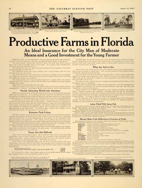 1909 Ad Florida Insurance Farming Game Fish Acreage - ORIGINAL ADVERTISING SP4