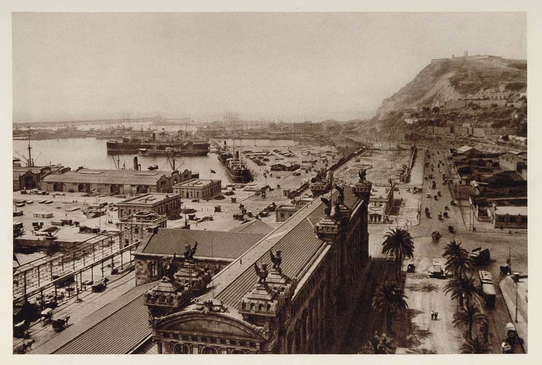 1928 Montjuich Montjuic Harbor Ships Barcelona Spain - ORIGINAL SPAIN3