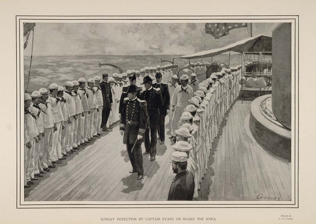 1900 Print Spanish-American War The Iowa Captain Evans Inspection Navy Sailors