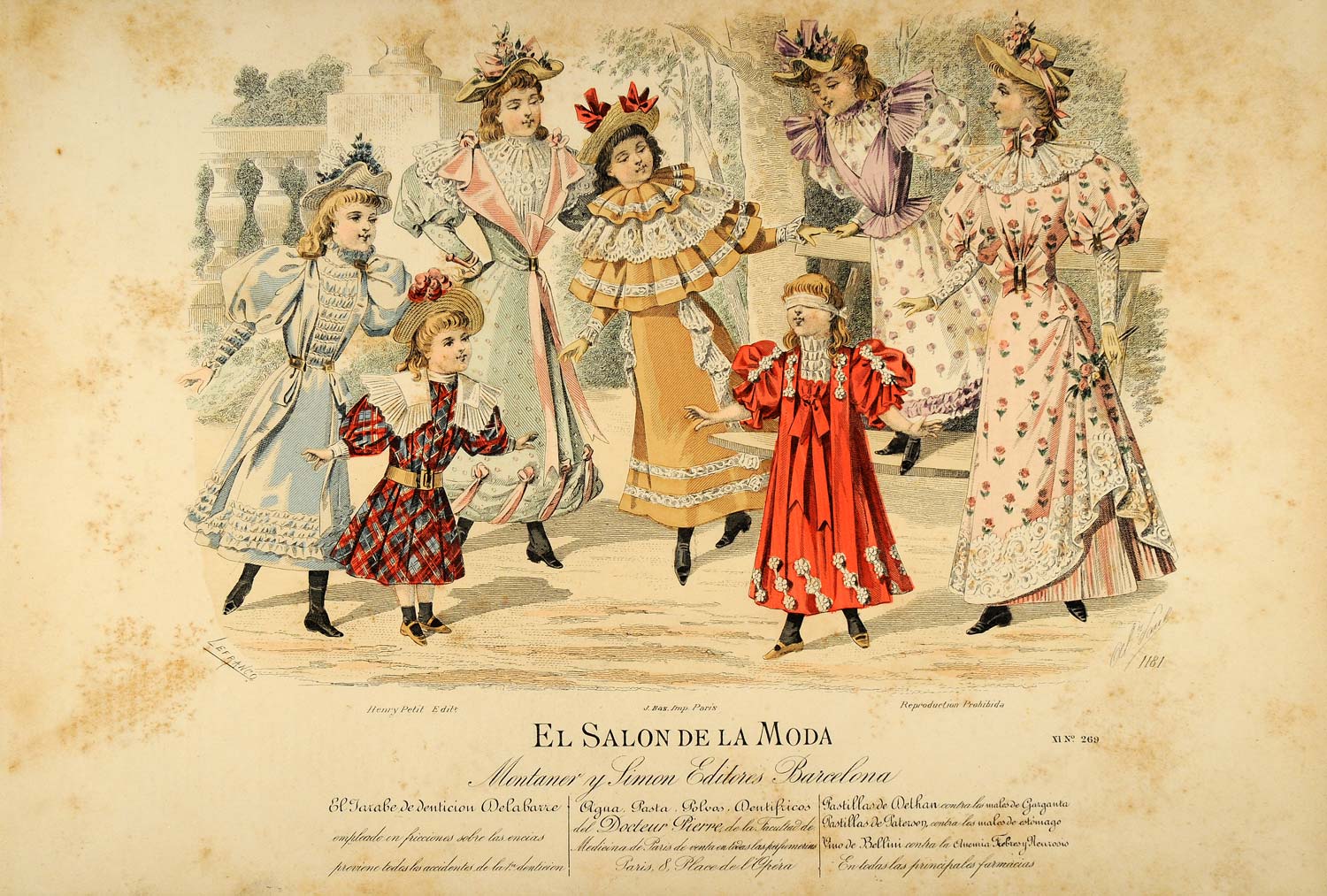 1894 Victorian Children Girls Costume Dress Lithograph - ORIGINAL SPF1