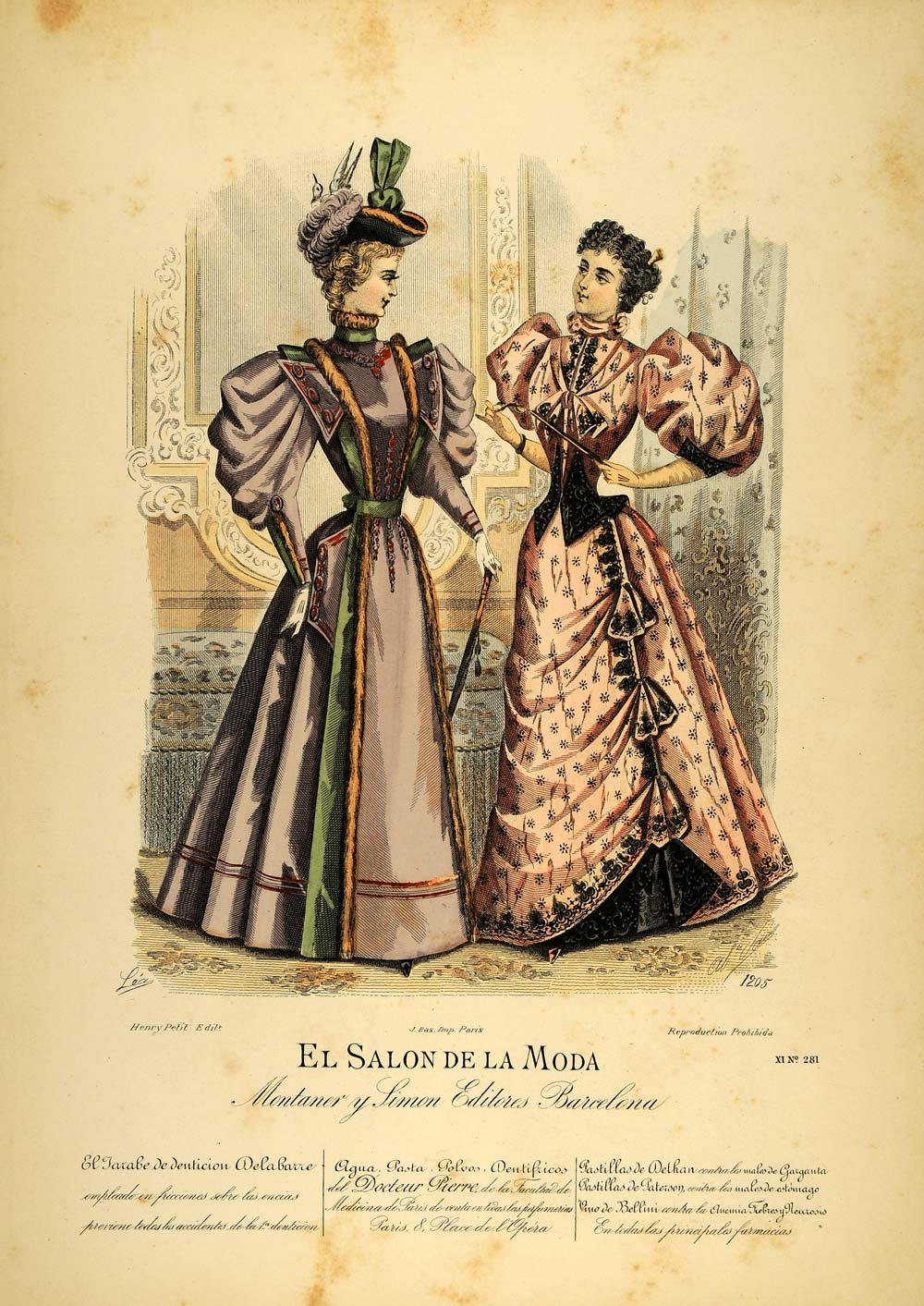 1894 Victorian Women Lady Dress Hat Costume Lithograph - ORIGINAL SPF1