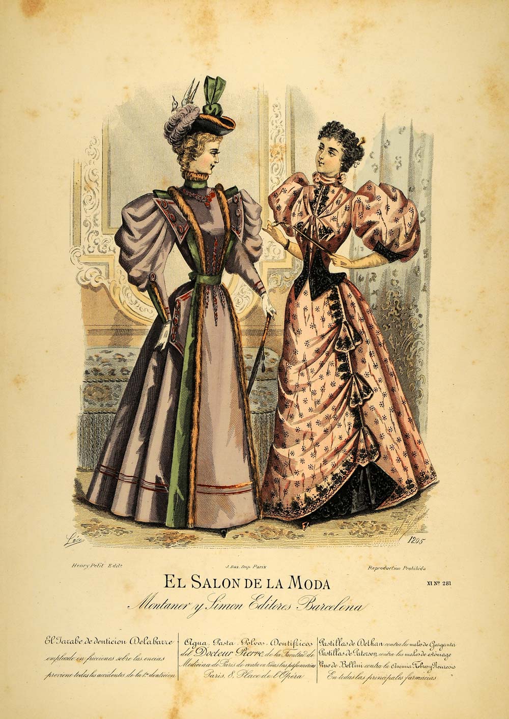 1894 Victorian Women Lady Dress Hat Costume Lithograph