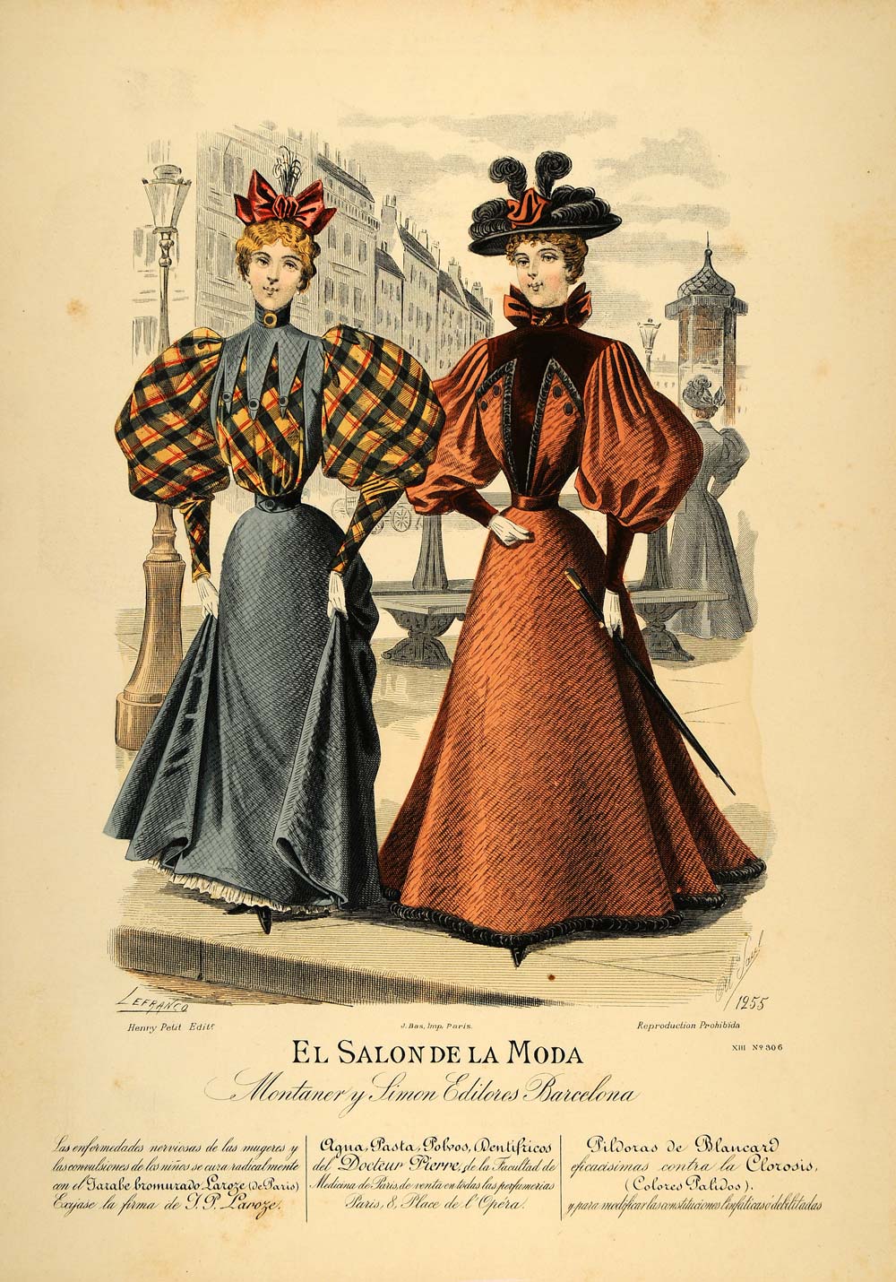 1895 Victorian Lady Fall Dress Hats Costume Lithograph - ORIGINAL SPF1