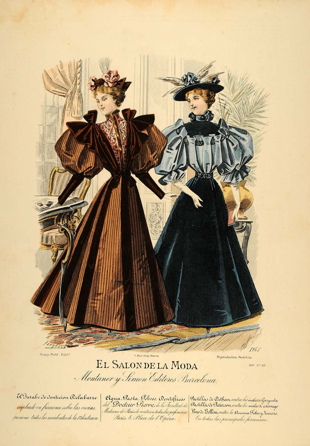 1895 Victorian Lady Dress Paris Fashion Hats Lithograph - ORIGINAL SPF1 - Period Paper
