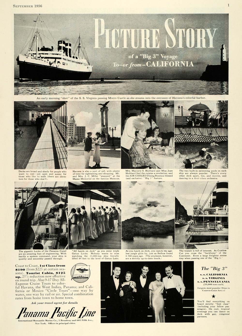 1936 Ad Panama Pacific Cruise Line S. S. Virginia Canal - ORIGINAL SPM1