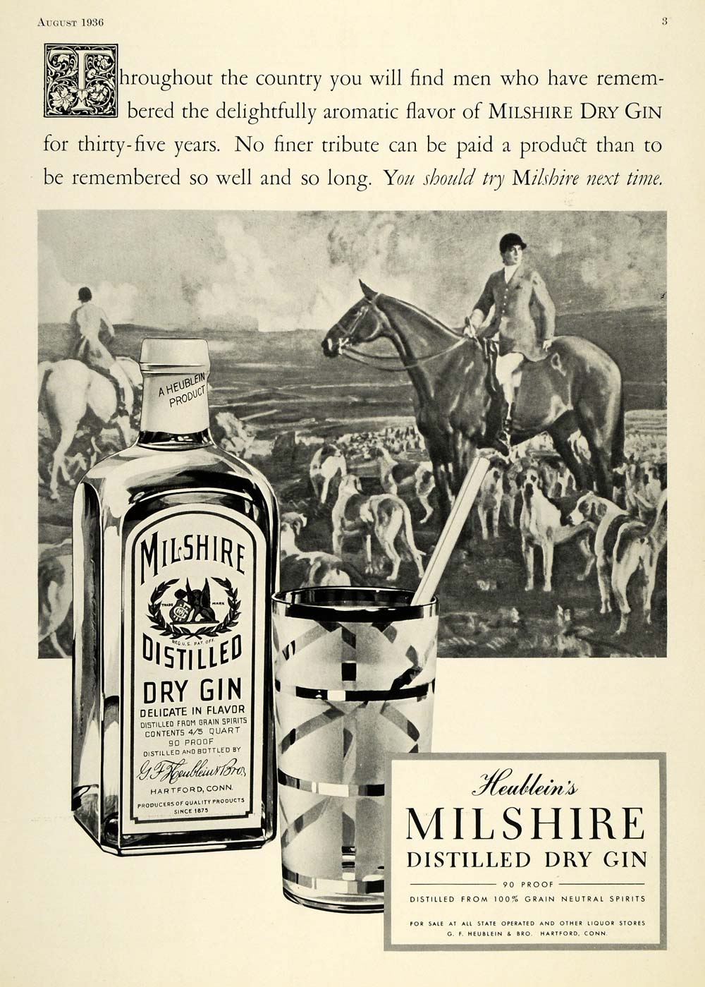 1936 Ad G. F. Heublein Milshire Dry Gin Fox Hunt Hounds - ORIGINAL SPM1