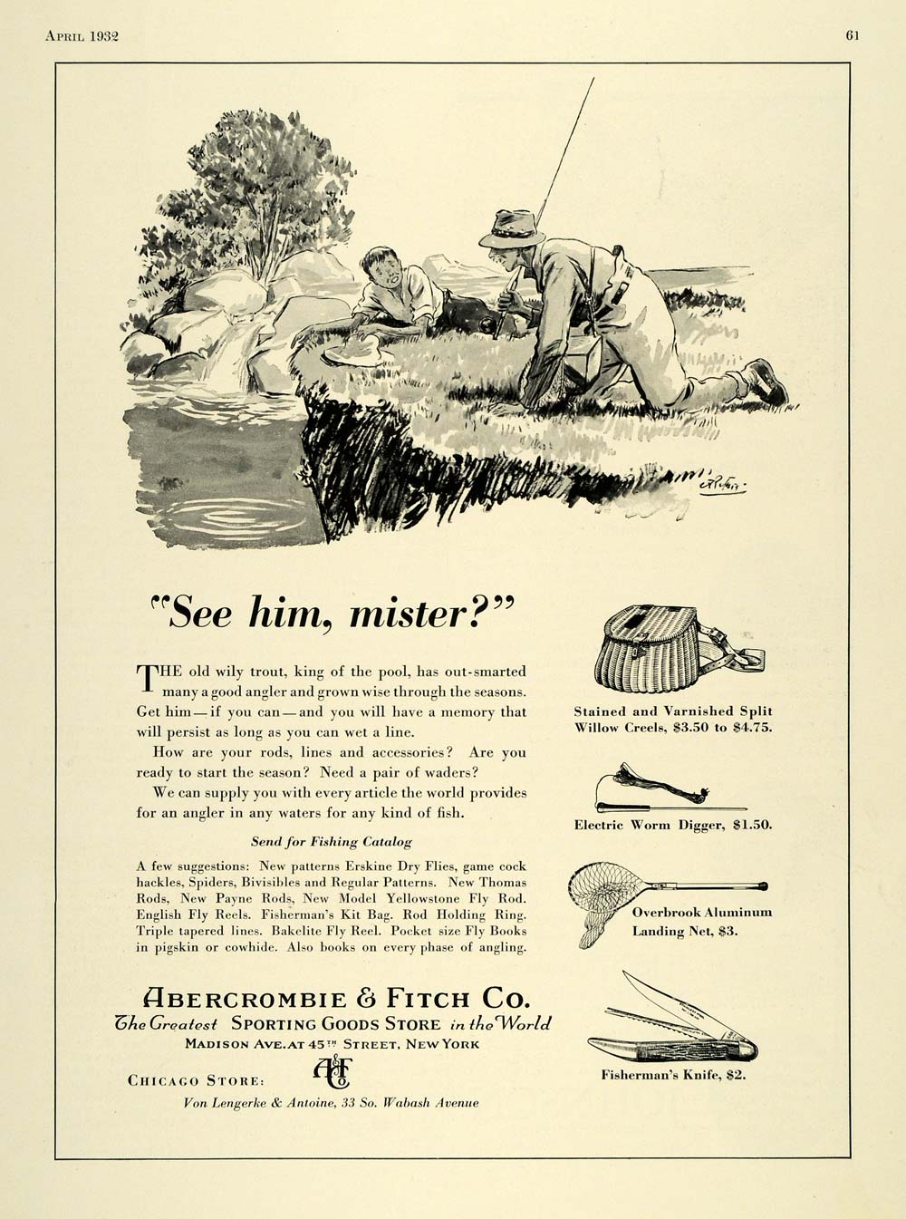 1932 Ad Abercrombie Fitch Fishing Goods Creek Bank Boy - ORIGINAL SPM1