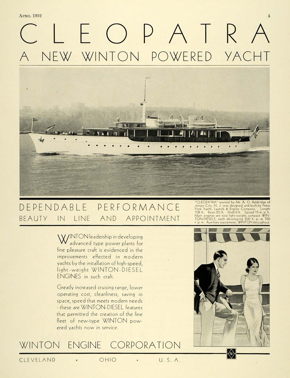 1932 Ad Winton Boat Diesel Engines Cleopatra Yacht Ohio - ORIGINAL SPM1