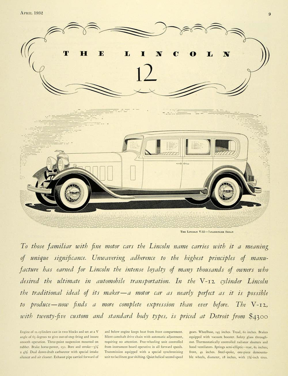 1932 Ad Lincoln Motors V-12 Sedan Vehicle Model Detroit - ORIGINAL SPM1