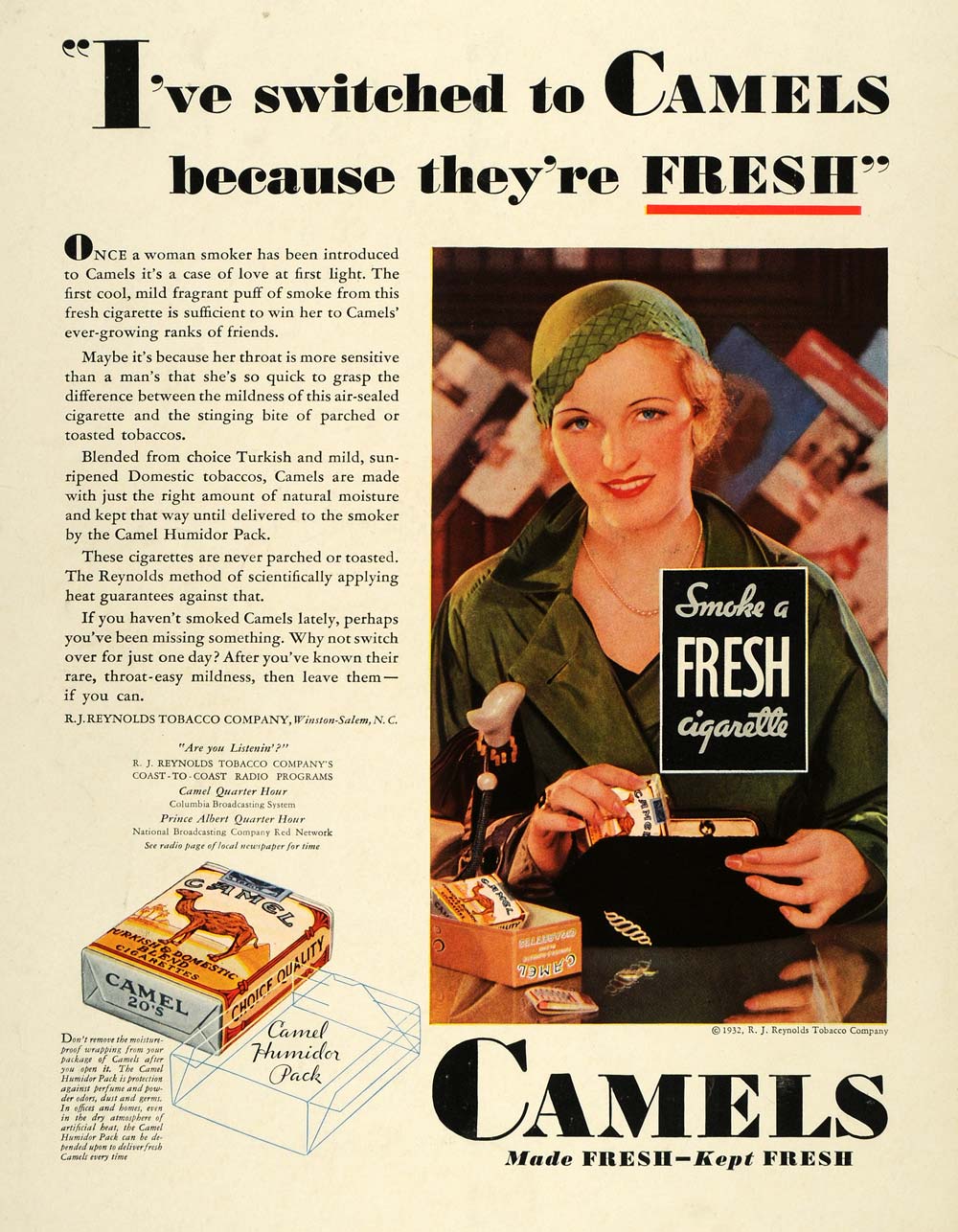 1932 Ad Camel Cigarettes Humidor Pack Lady Green Dress - ORIGINAL SPM1