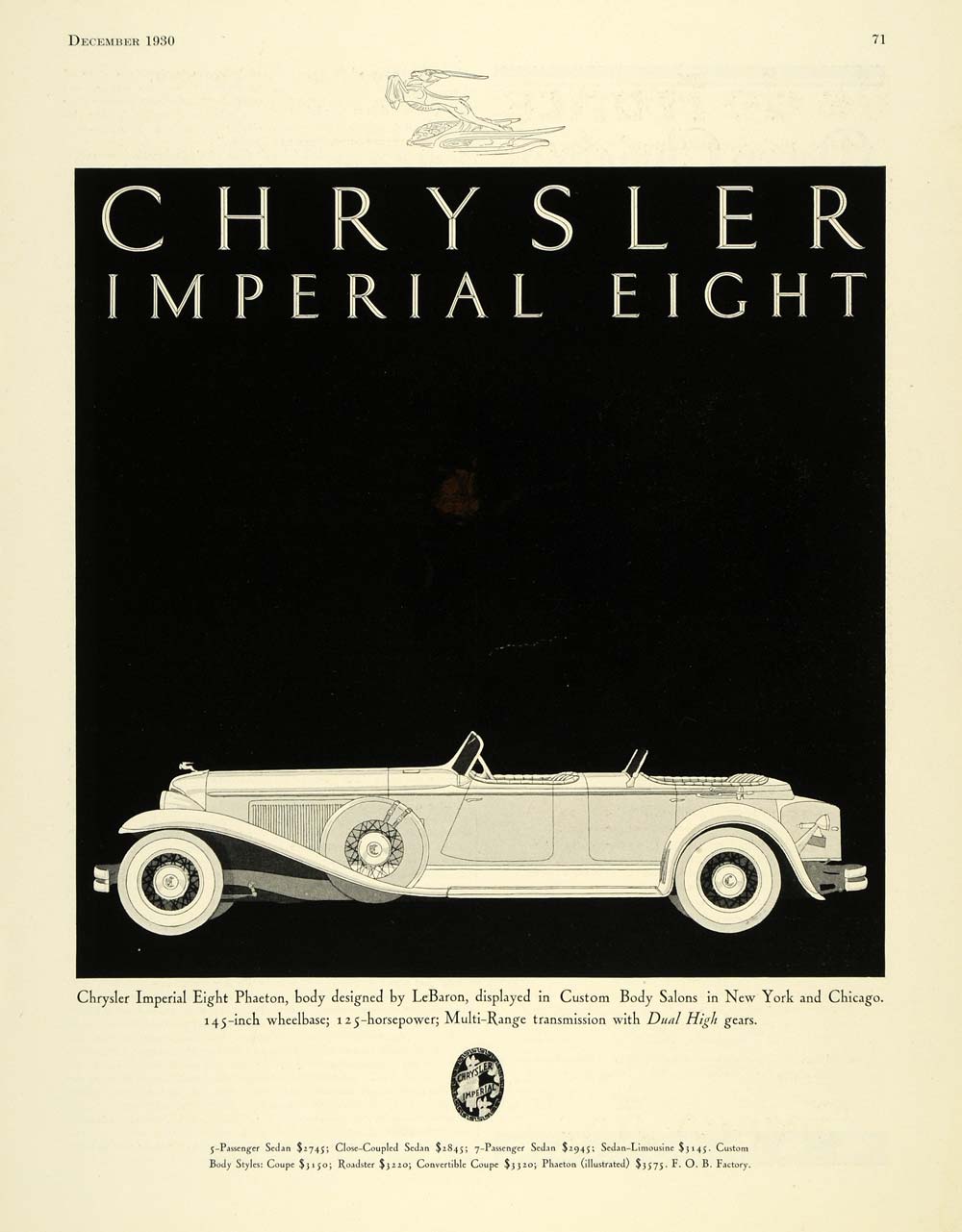 1930 Ad Chrysler Motors Imperial Eight Phaeton Model - ORIGINAL ADVERTISING SPM1
