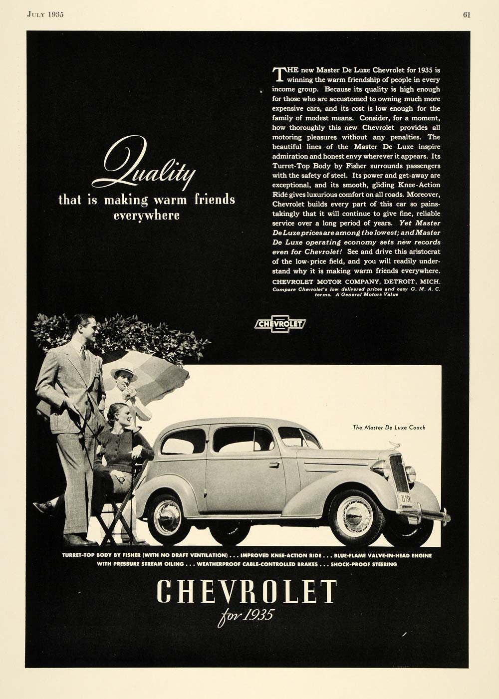 1935 Ad Chevrolet Motor Co. Master De Luxe Coach Car - ORIGINAL ADVERTISING SPM1
