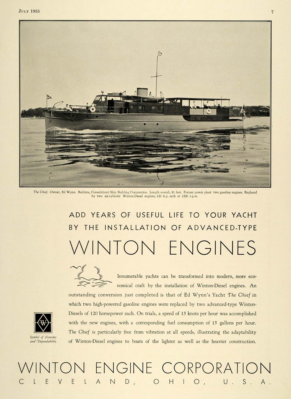 1935 Ad Winton Engine Corp. Logo Diesel Motor Boats - ORIGINAL ADVERTISING SPM1