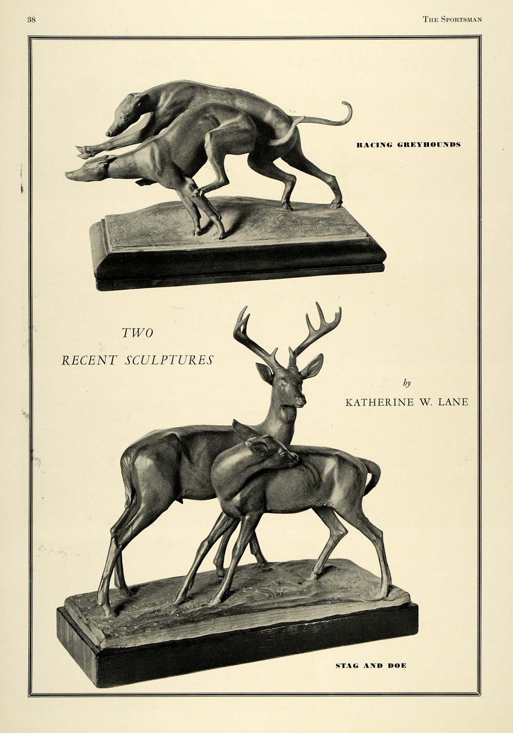 1936 Print Katherine W. Lane Greyhounds Deer Sculptures ORIGINAL HISTORIC SPM1