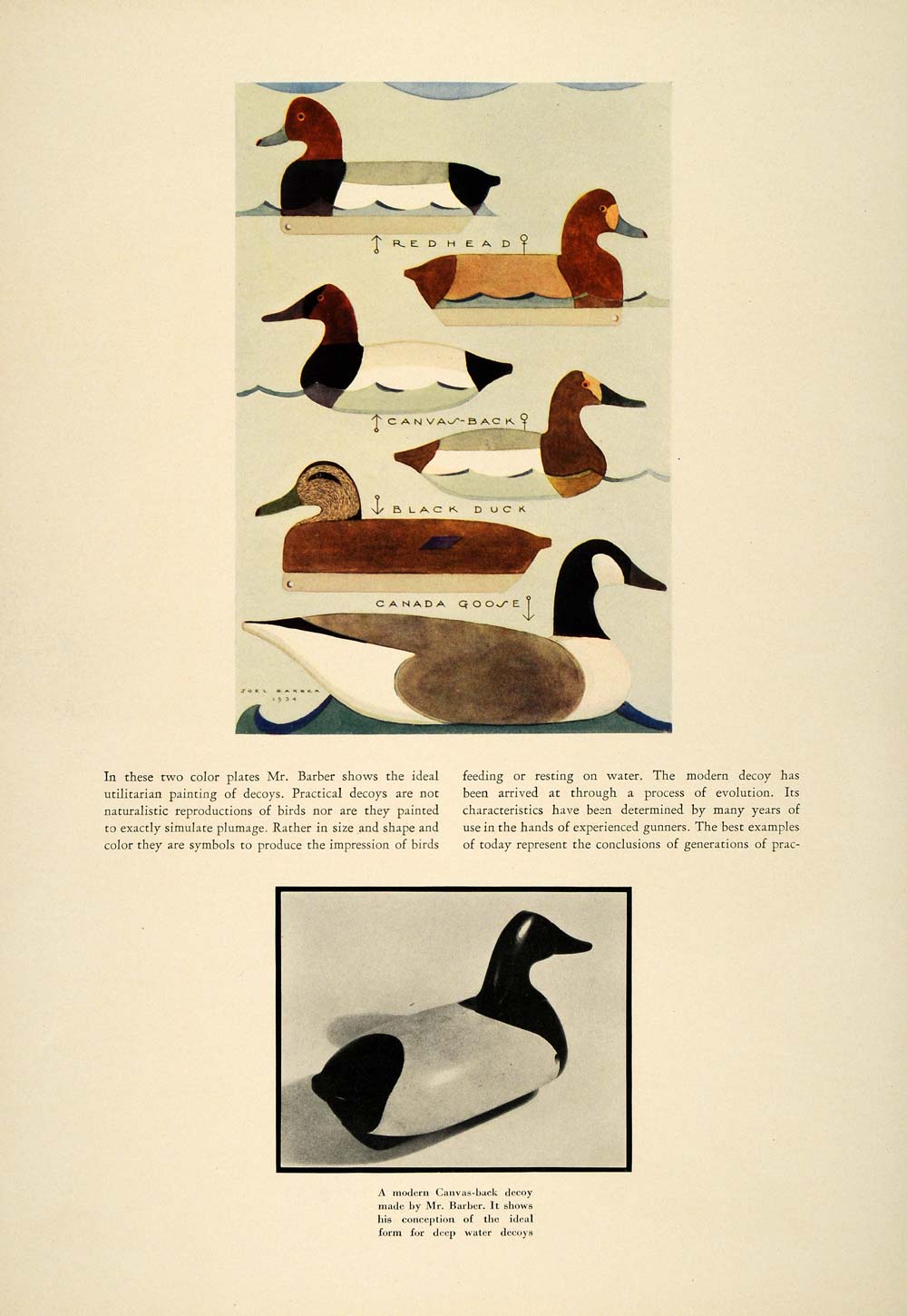 1934 Article Duck Waterfowl Wood Decoys Joel Barber ORIGINAL SPM1