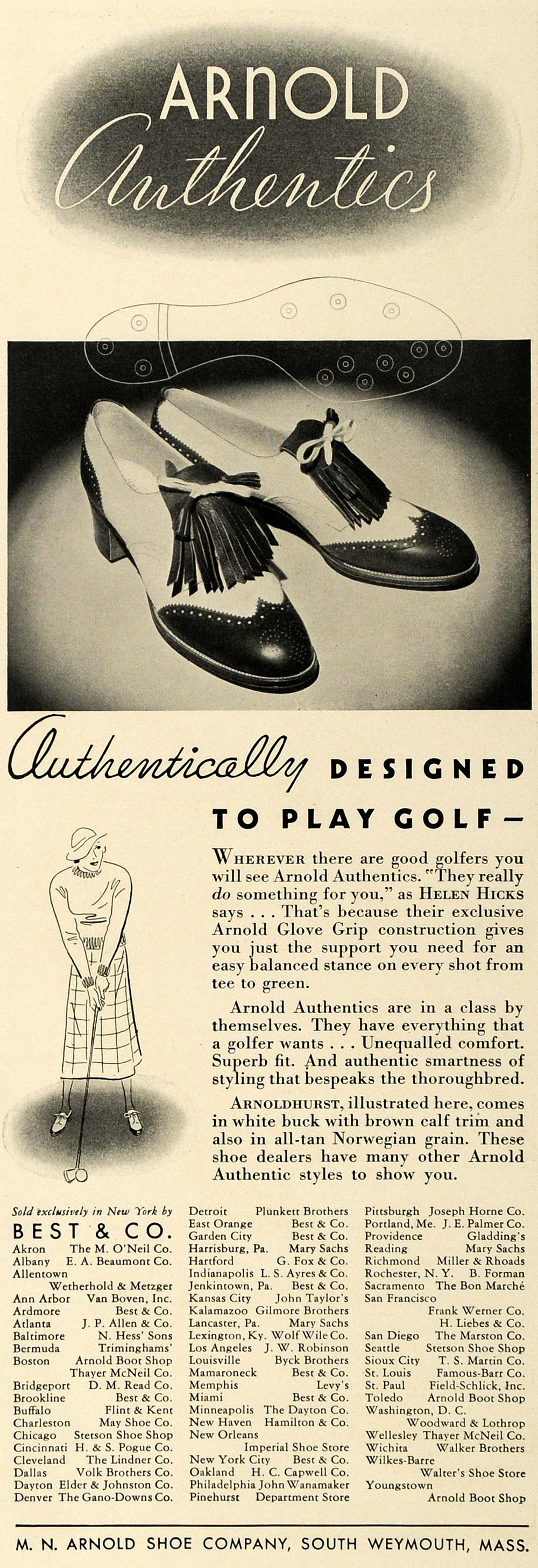 1936 Ad M N Arnold Shoe Co. Arnold Authentic Shoes Golf - ORIGINAL SPM1