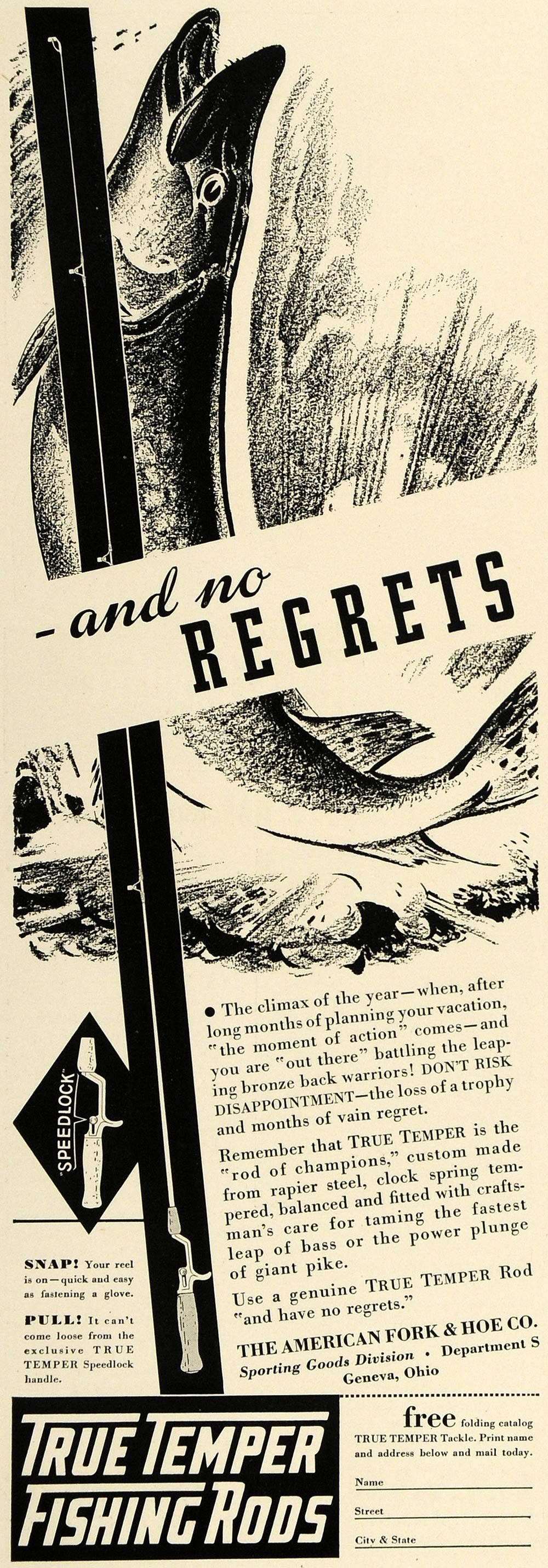 1936 Ad American Fork & Hoe Co. True Temper Fishing Rod - ORIGINAL