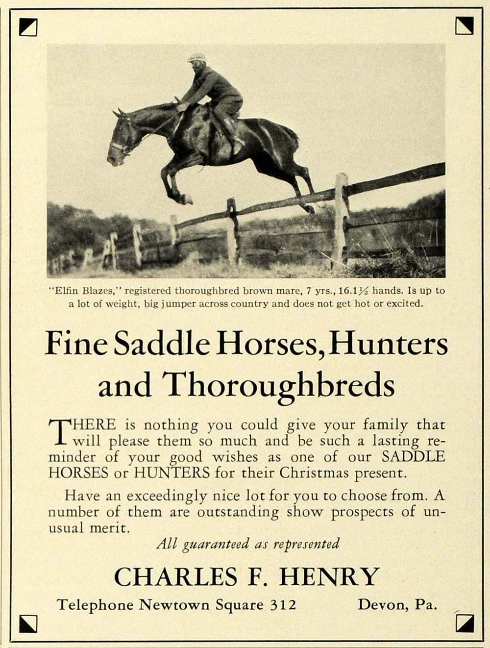 1931 Ad Charles F. Henry Thoroughbred Horse Breeder - ORIGINAL ADVERTISING SPM1