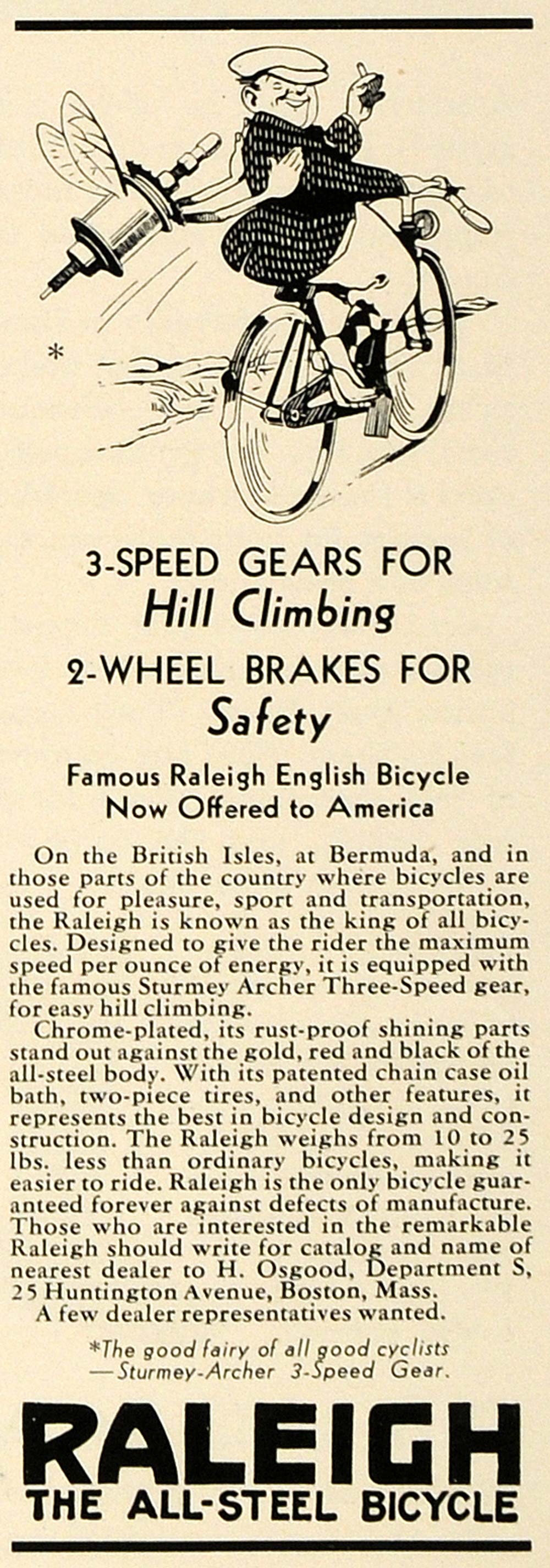 1934 Ad Raleigh All-Steel Geared Braked Bicycles Boston - ORIGINAL SPM1