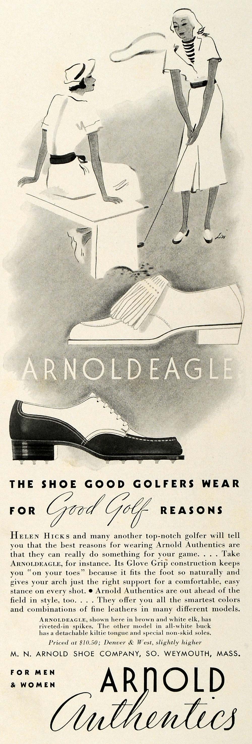 1937 Ad M. N. Arnold Eagle Golfing Shoes Helen Hicks - ORIGINAL ADVERTISING SPM1