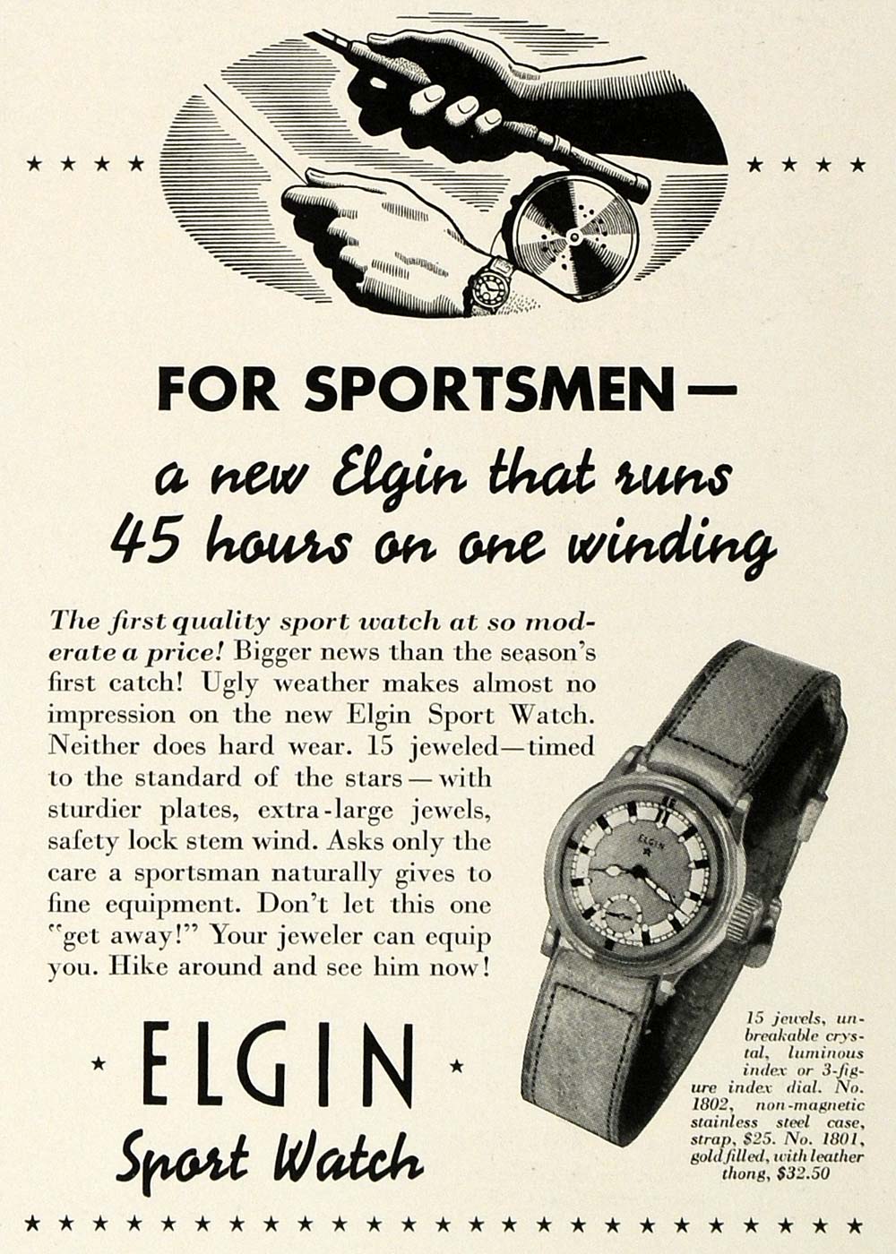 1937 Ad Elgin Sports Man Fisherman Winding Wrist Watch - ORIGINAL SPM1