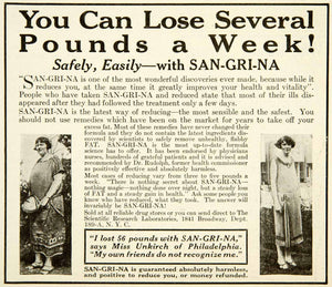 1926 Ad Sangrina Health Beauty Weight Loss Portrait Woman Unkirch SSM1