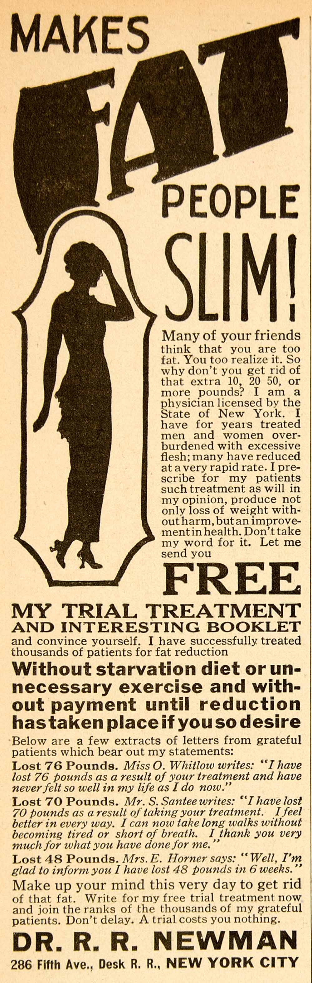 1926 Ad R. R. Newman Doctor Fat People Slim Weight Loss New York City SSM1