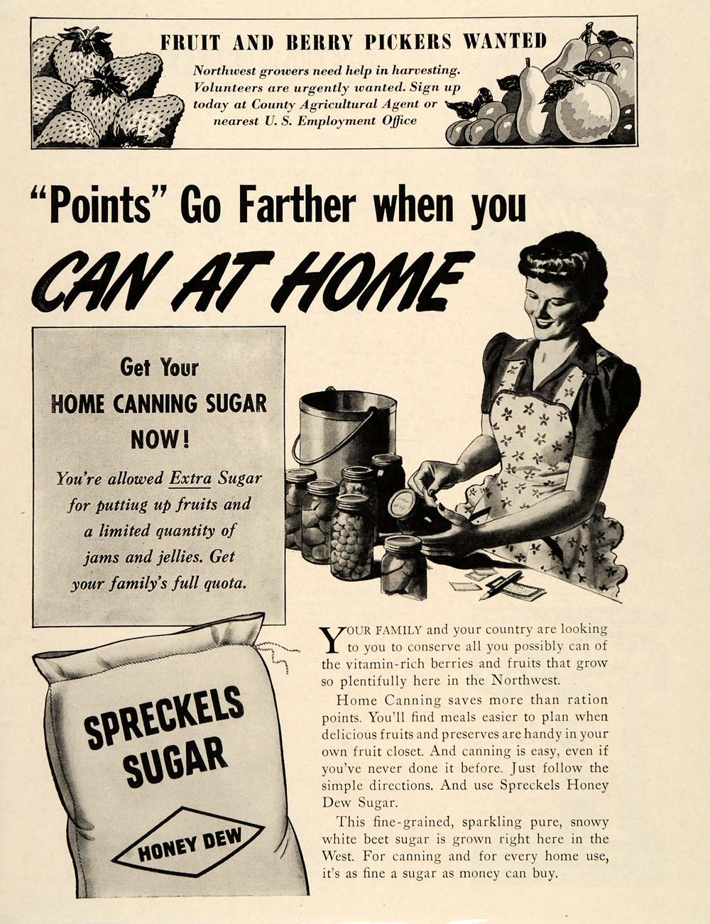 1943 Ad Spreckels Honey Dew Sugar Home Canning WWII - ORIGINAL ADVERTISING ST1