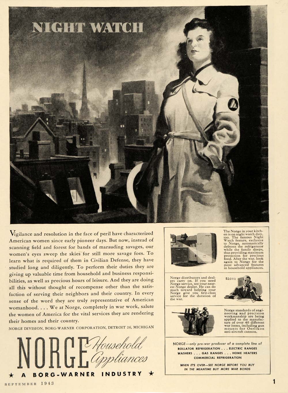 1943 Ad Norge Appliances Civilian Defense Woman WWII - ORIGINAL ADVERTISING ST1