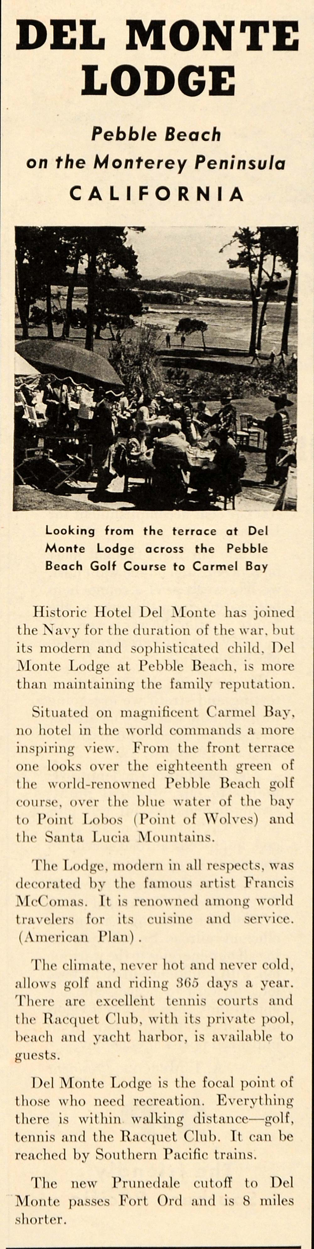 1943 WWII Ad Del Monte Lodge Pebble Beach Golf Course - ORIGINAL ADVERTISING ST1