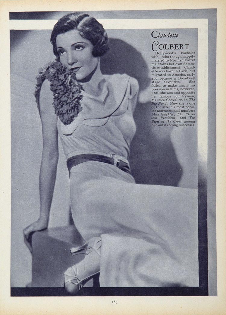 1933 Claudette Colbert Movie Actress Portrait Print - ORIGINAL HISTORIC STAGE4