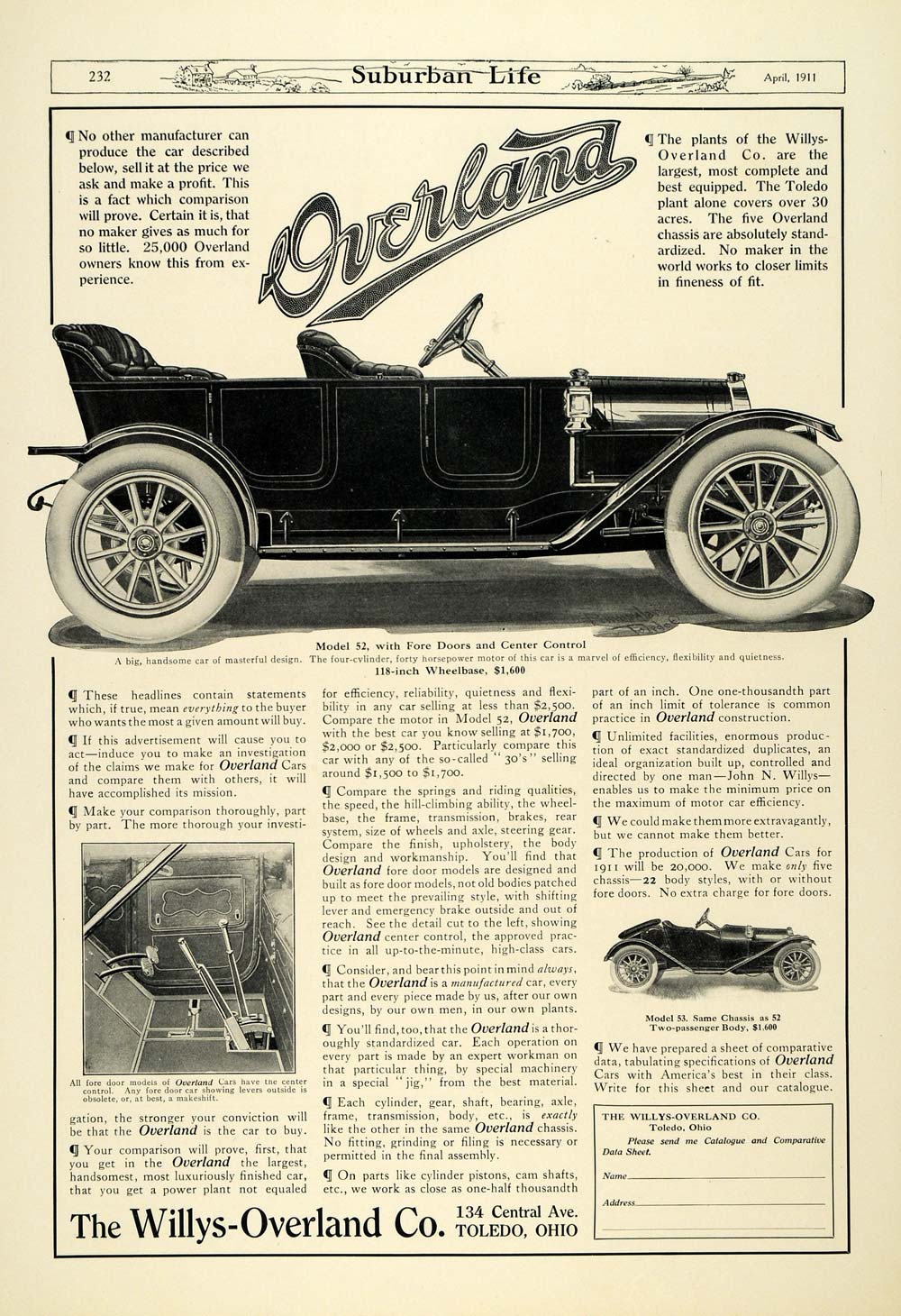 1911 Ad Willys-Overland Antique Model 52 53 Pricing - ORIGINAL ADVERTISING SUB1