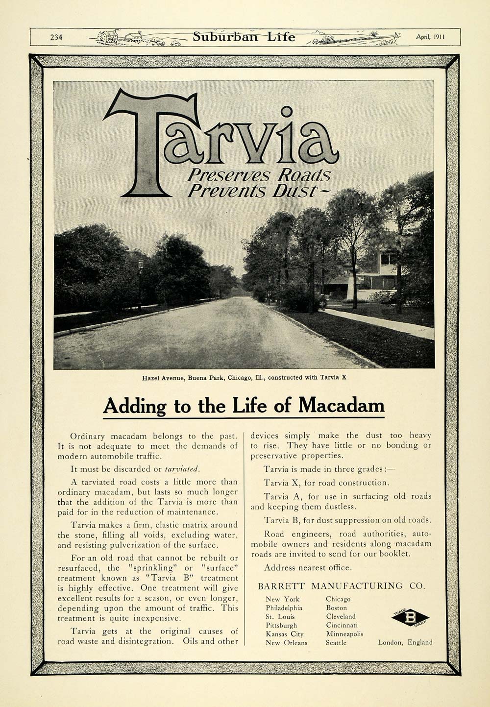 1911 Ad Tarvia Barrett Road Dust Hazel Ave Chicago - ORIGINAL ADVERTISING SUB1