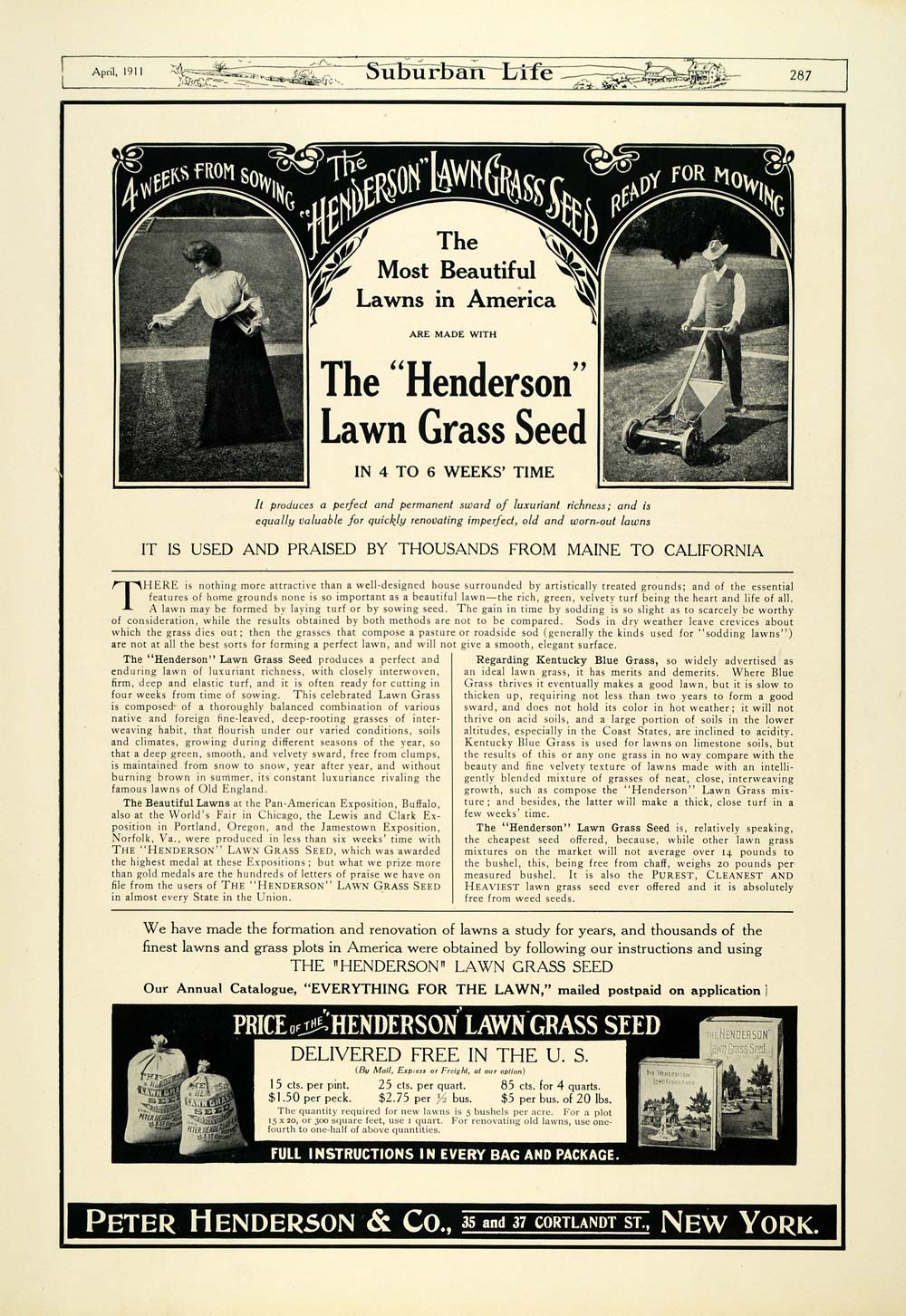 1911 Ad Peter Henderson Lawn Grass Seed Landscaping - ORIGINAL ADVERTISING SUB1