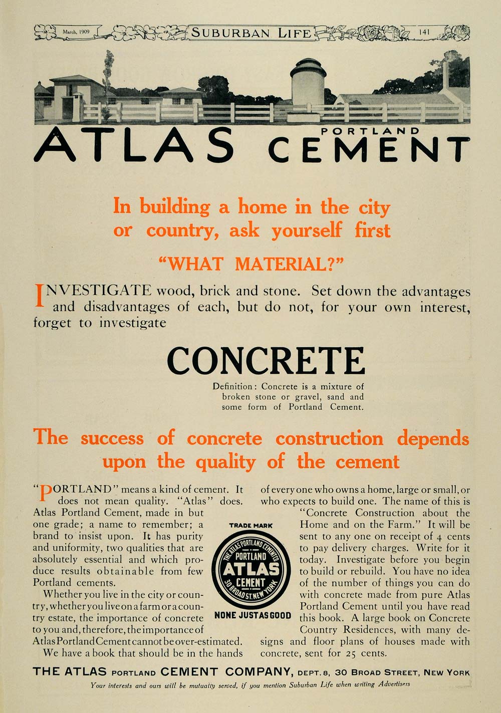 1909 Ad Portland Atlas Cement Construction Concrete - ORIGINAL ADVERTISING SUB1