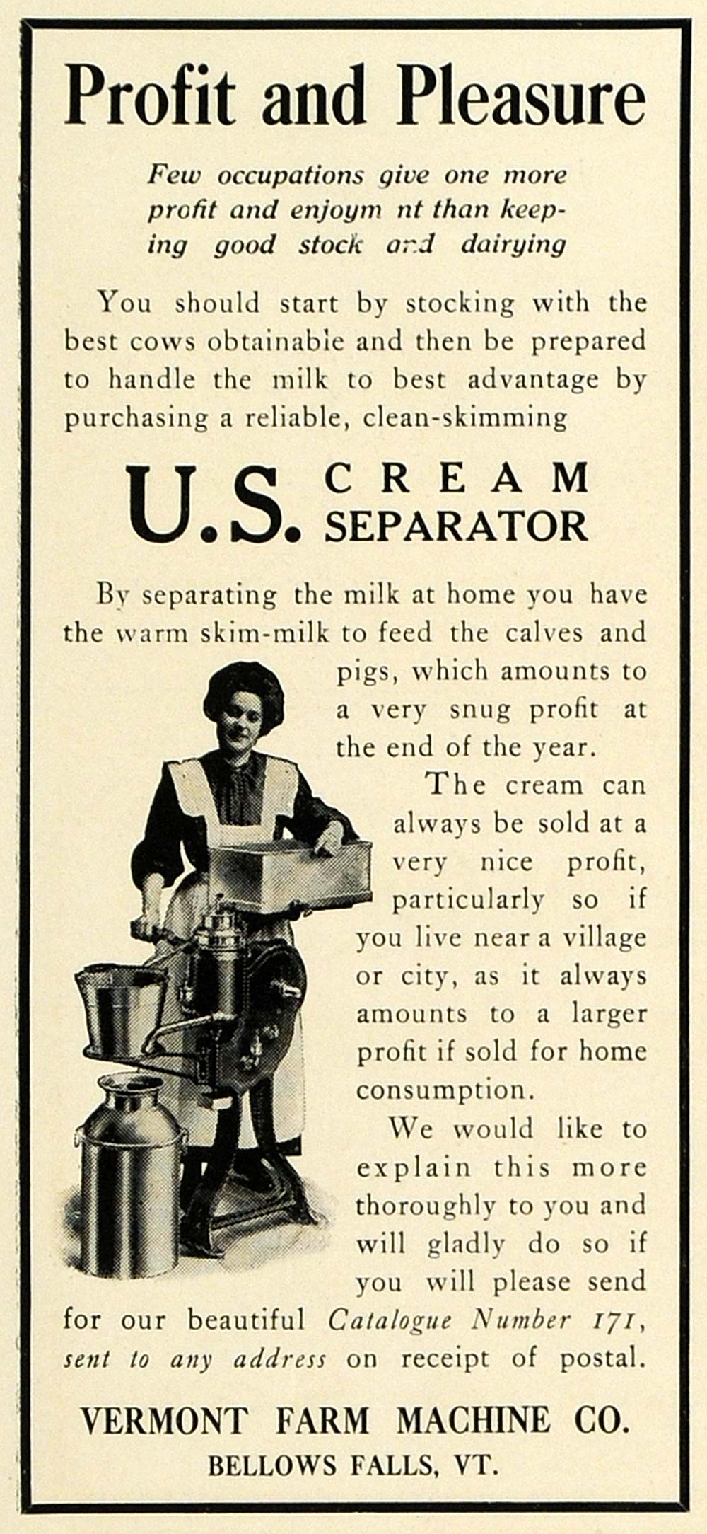 1909 Ad U. S. Cream Separator Vermont Farm Machine - ORIGINAL ADVERTISING SUB1